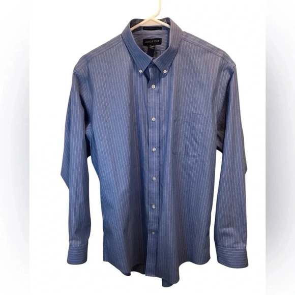 Lands End Mens 16.5-34 Blue White Stripe Shirt Pinpoint Oxford Tailored Fit L/S - Picture 1 of 6